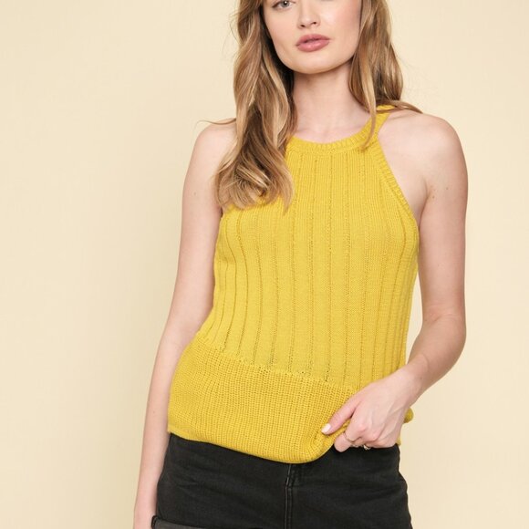 MYSTREE Mustard Yellow Ribbed Knit Halter Tank Top, High Neck Sleeveless Sweater - Picture 1 of 7